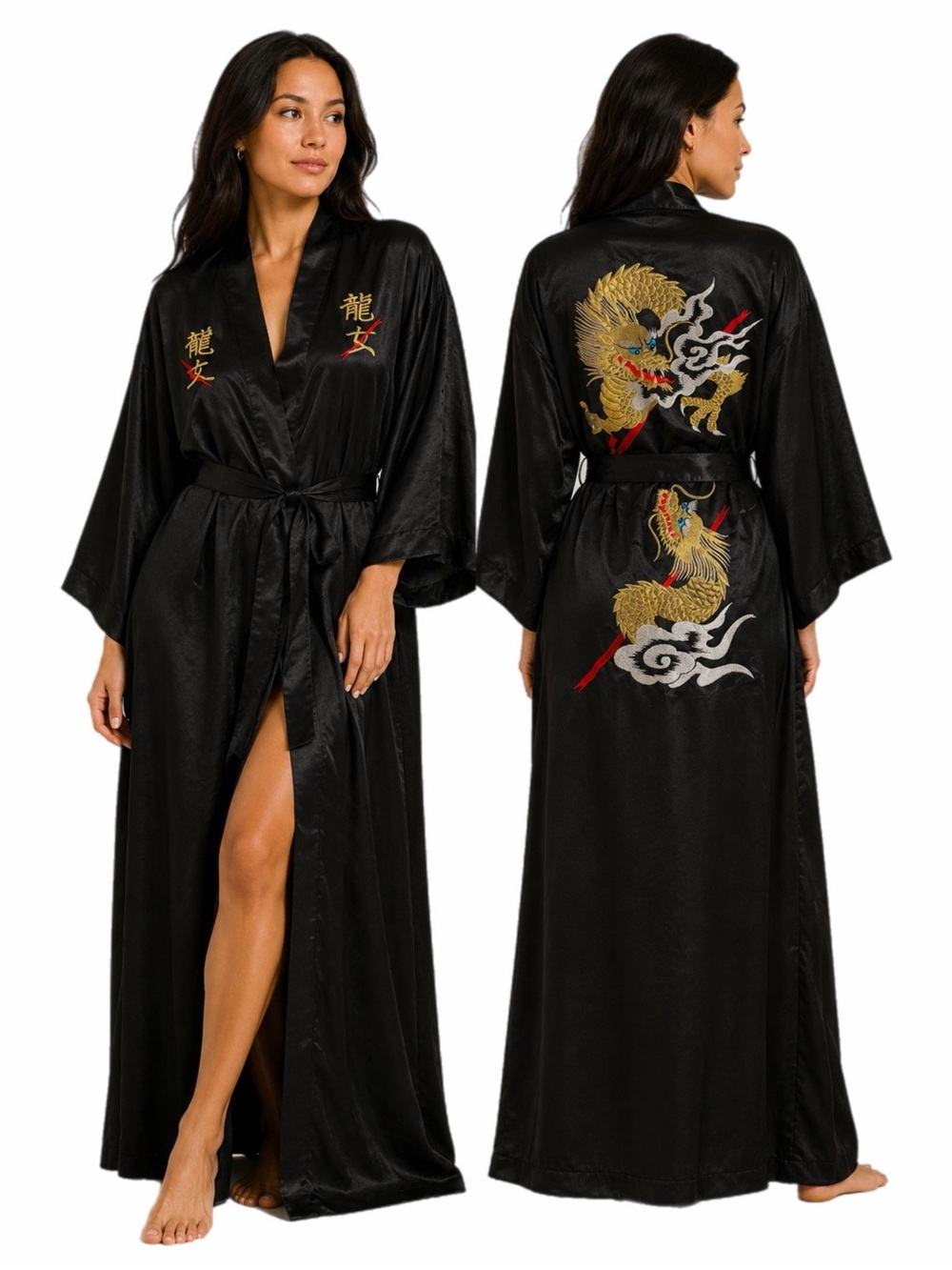 70s Japanese Vintage Dragon Embroidered Satin Kimono Robe (Black/Multi) O/S